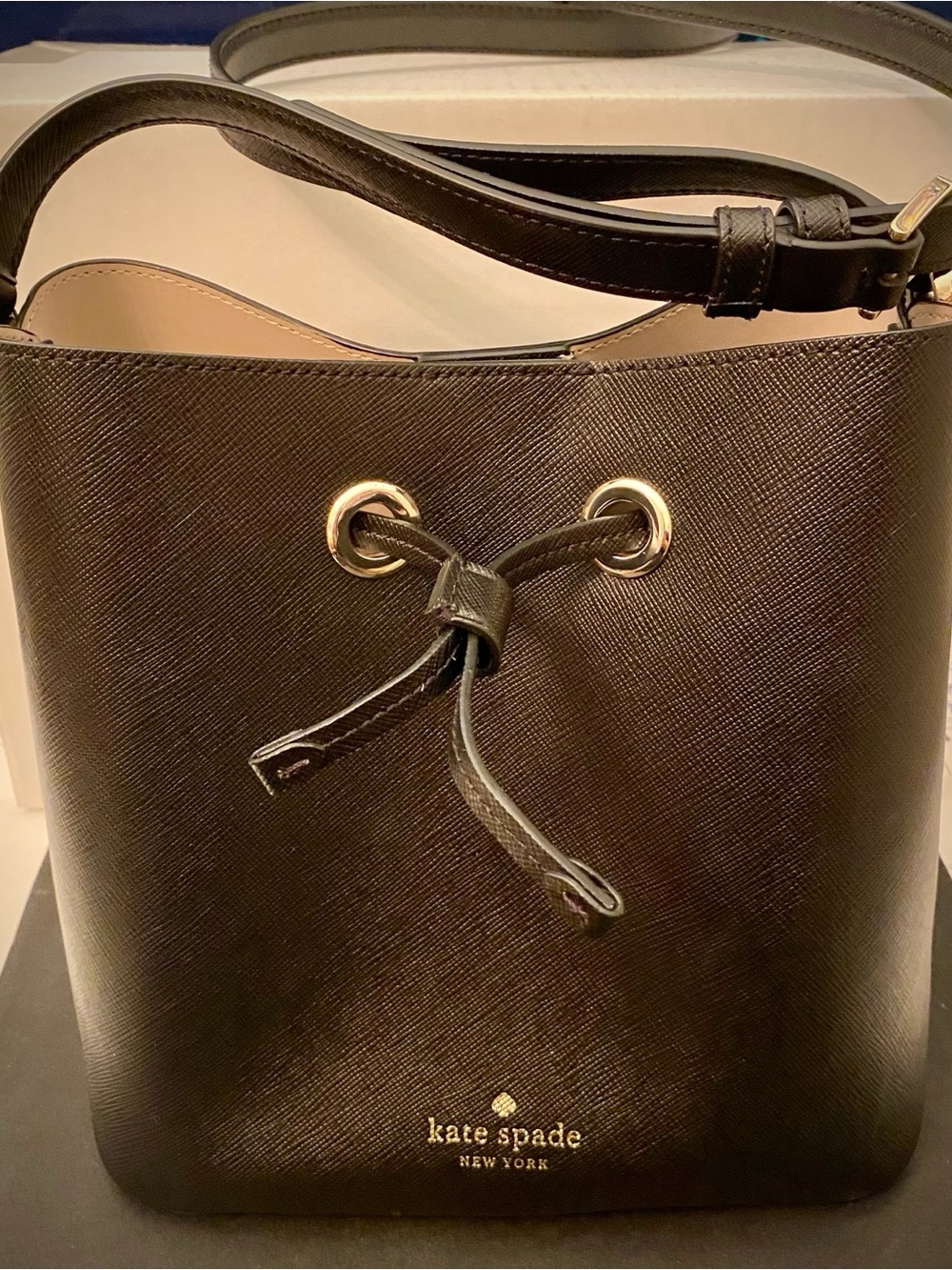kate spade black Saffiano leather drawstring shoulder bucket bag